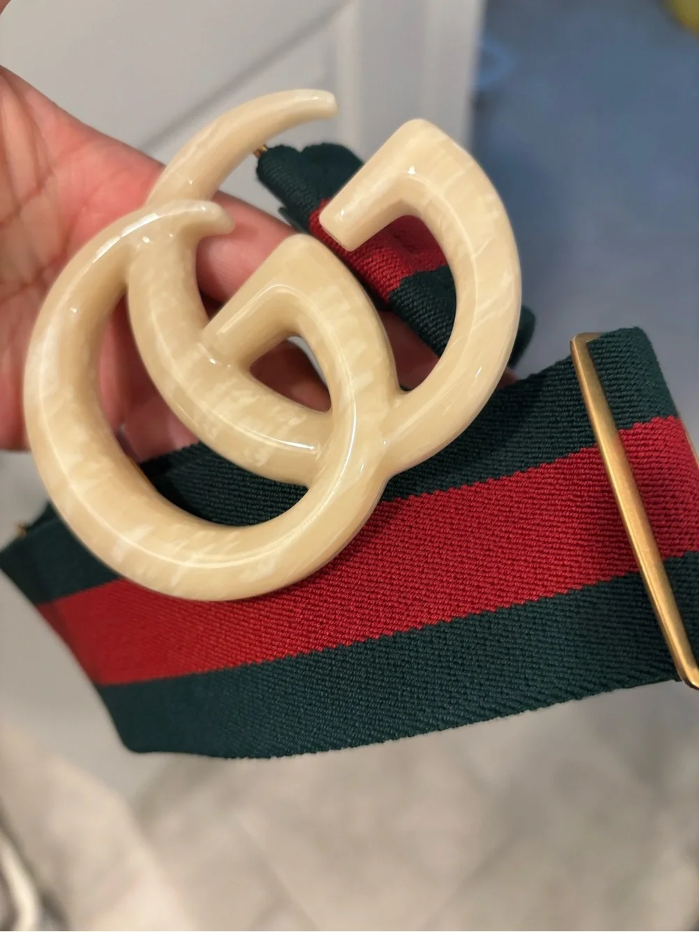 Gucci ivory double G buckle web belt with green and red stripe size 120 aka lrg